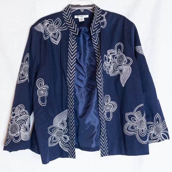 Saint Tropez West Jackets & Blazers - Navy With White Embroidery Mandarin Jacket